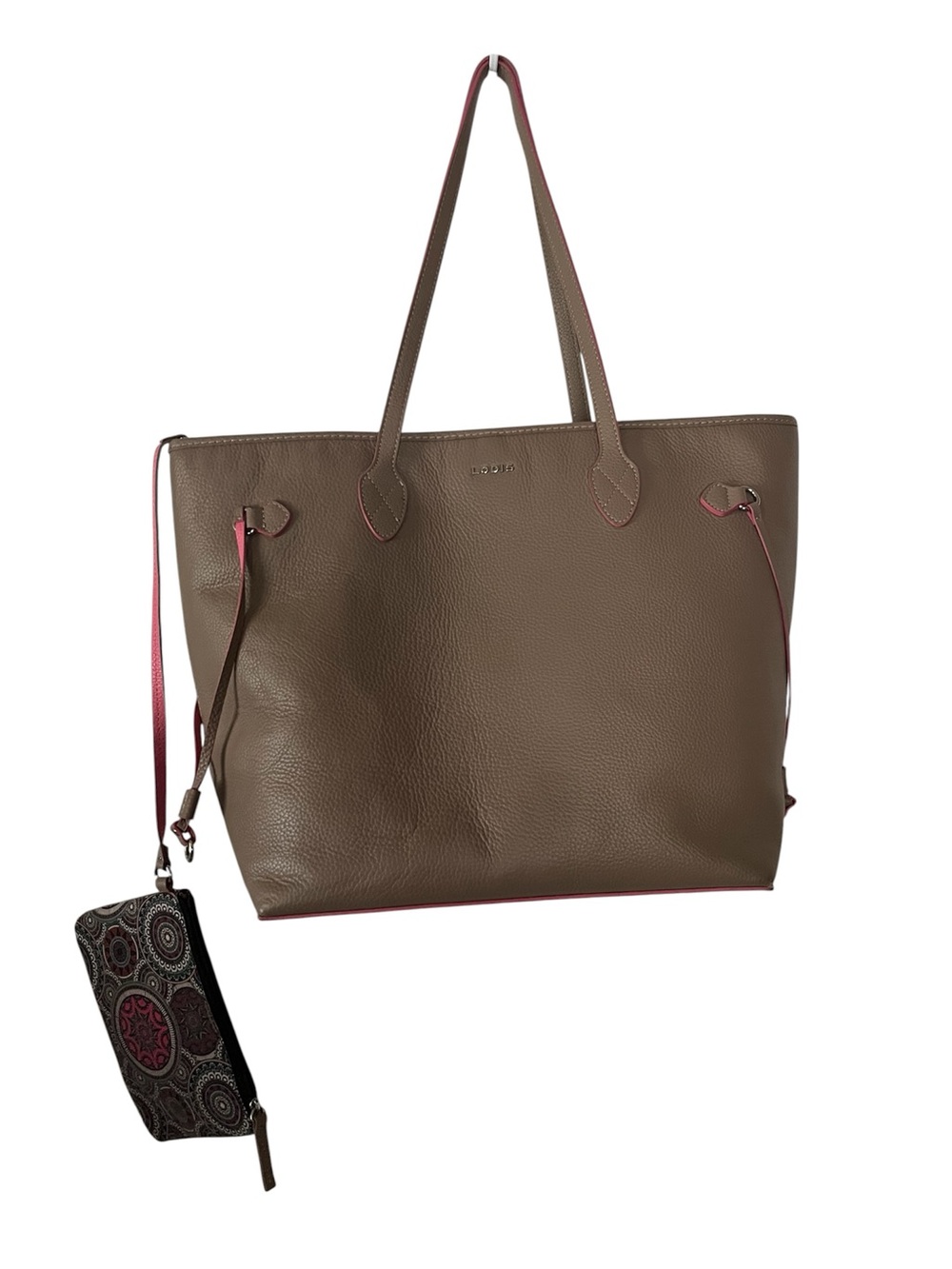 LODIS Bliss Taupe/Tan/Brown Pebbled Leather Tote, Pink Trim, approx 17”wx12”h